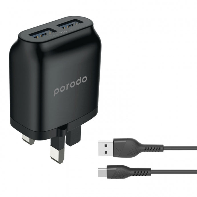 Porodo Dual Port Wall Charger 2.4A with Type-C Cable
